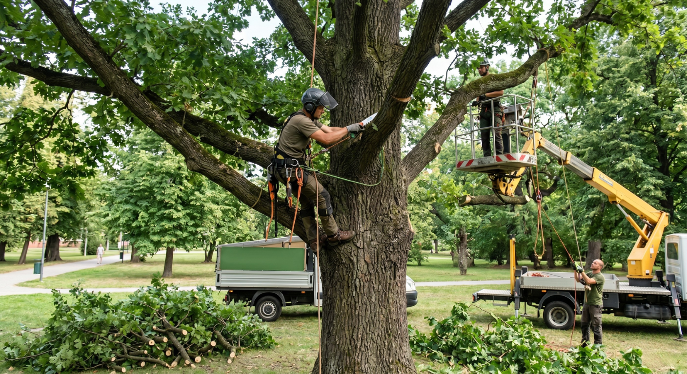 ertyfikowani arboryści wykonujący bezpieczną chirurgię i pielęgnację starego dębu w parku przy użyciu technik linowych i podnośnika koszowego.