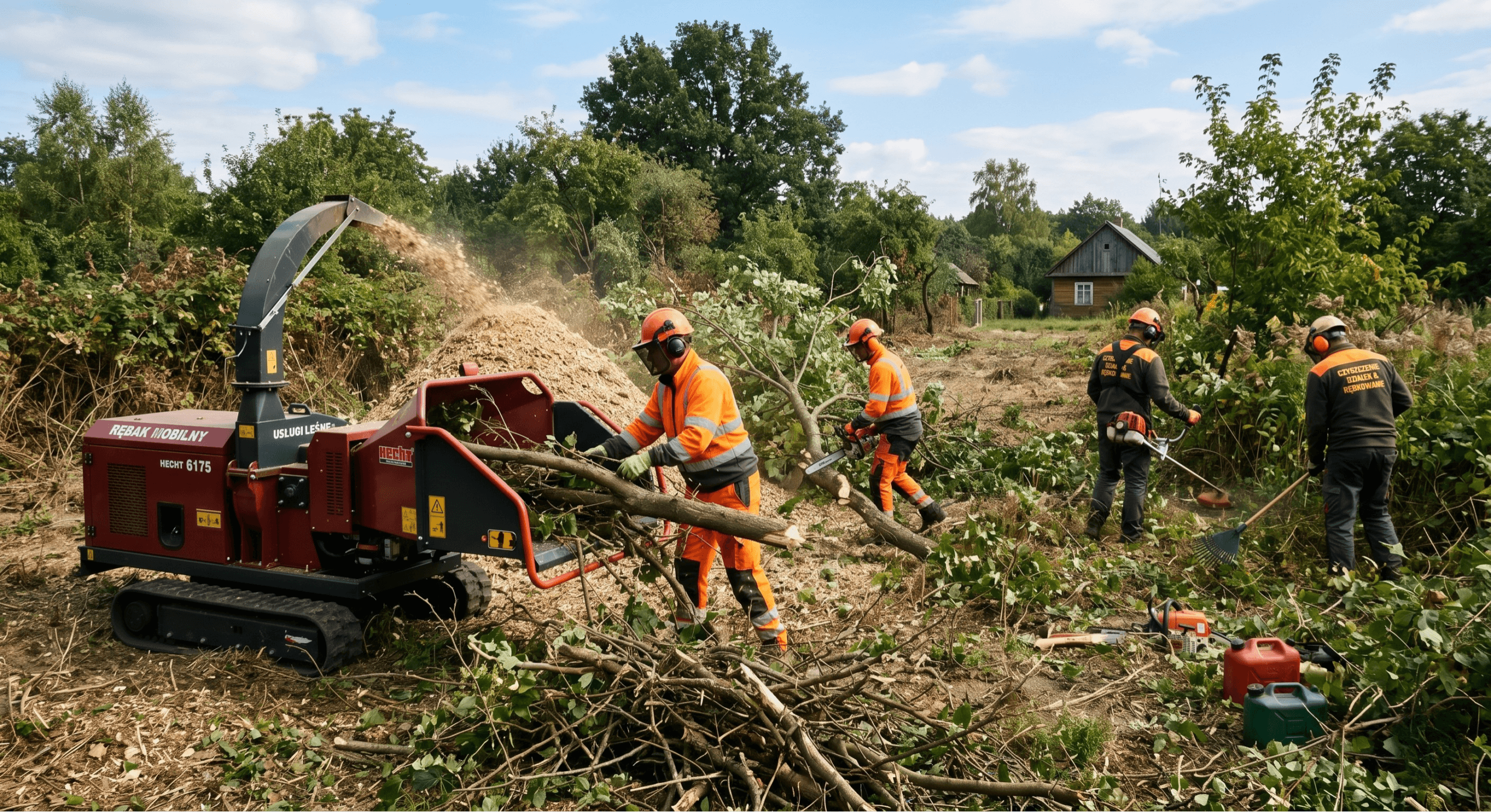 Czyszczenie działek i rębkowanie – Michałowice i okolice Profesjonalne czyszczenie działki i rębkowanie gałęzi w Michałowicach. Ekipa w pomarańczowych strojach roboczych wrzuca konary do mobilnego rębaka gąsienicowego Hecht.