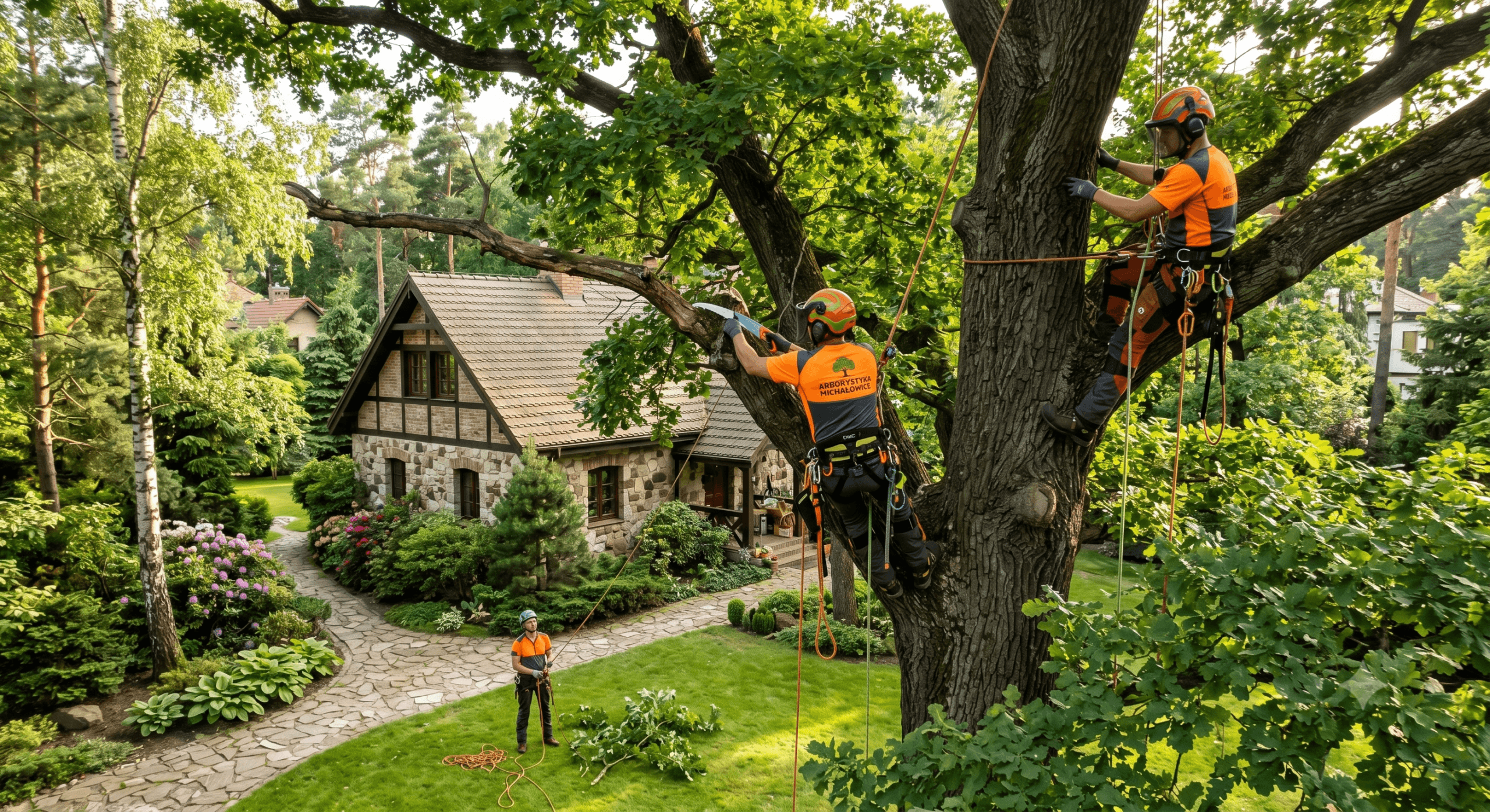 Profesjonalna arborystyka i pielęgnacja starodrzewu – Gmina Michałowice Arboryści wykonują cięcia pielęgnacyjne starodrzewu na linie przy użyciu piły ręcznej na działce w Michałowicach. W tle widoczny bezpieczny, zadbany dom jednorodzinny.