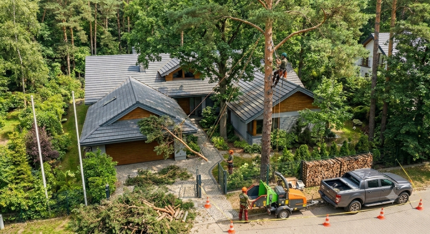 Arborystyczna chirurgia starodrzewu – Gmina Nadarzyn Certyfikowany arborysta wykonuje specjalistyczną pielęgnację starego dębu w koronie drzewa na działce leśnej w Walendowie k. Nadarzyna. Widoczne profesjonalne cięcia sanitarne i system linowy.