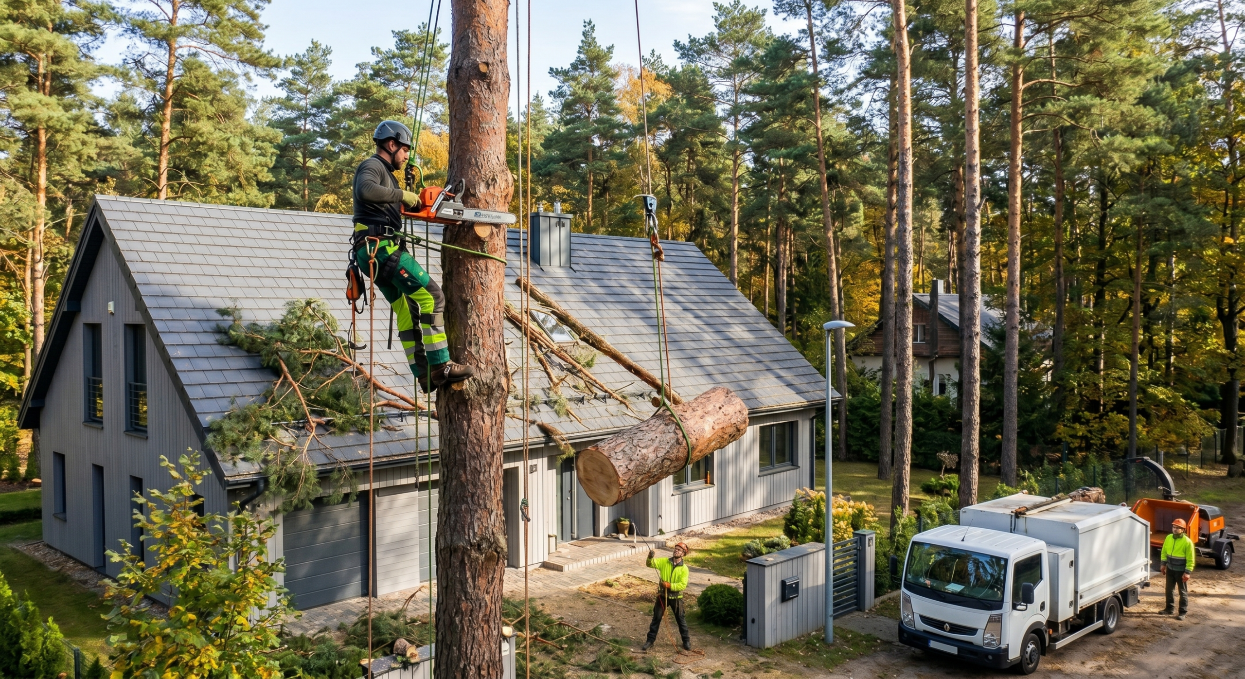 Bezpieczna wycinka drzew tuż nad budynkiem – Izabelin i Kampinos Arborysta wykonuje trudną wycinkę sekcyjną wysokiej sosny tuż nad dachem domu w Izabelinie. Zabezpieczony linami, używa pilarki, podczas gdy fragmenty pnia są bezpiecznie opuszczane na linach.