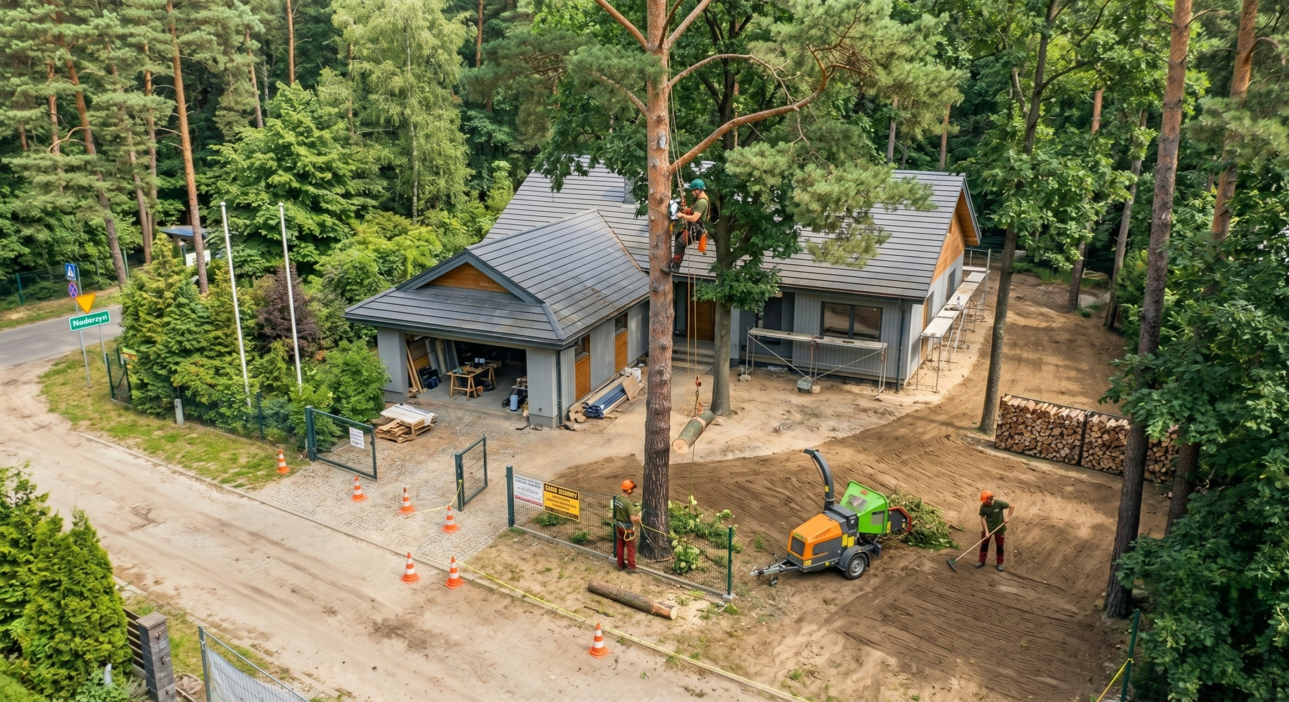 Bezpieczna wycinka drzew tuż przy budynku – Nadarzyn. Arborysta wykonuje trudną, sekcyjną wycinkę wysokiej sosny tuż nad dachem domu jednorodzinnego w Nadarzynie. Widoczne profesjonalne systemy linowe do bezpiecznego opuszczania konarów.