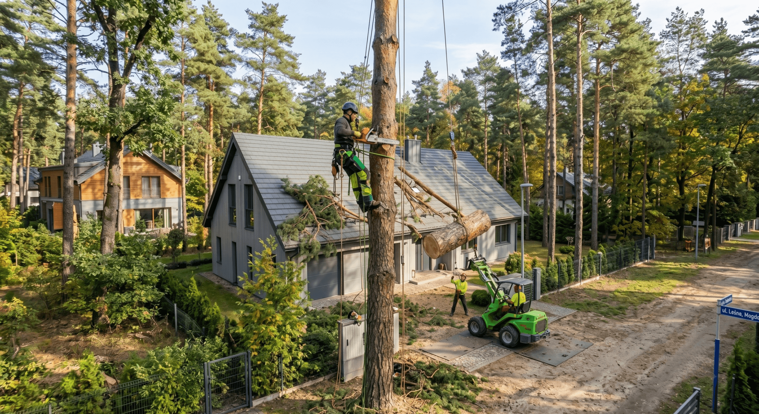 Bezpieczna wycinka drzew w Magdalence – usługi alpinistyczne Profesjonalna wycinka sekcyjna drzewa tuż obok domu w Magdalence z użyciem lin i sprzętu alpinistycznego.